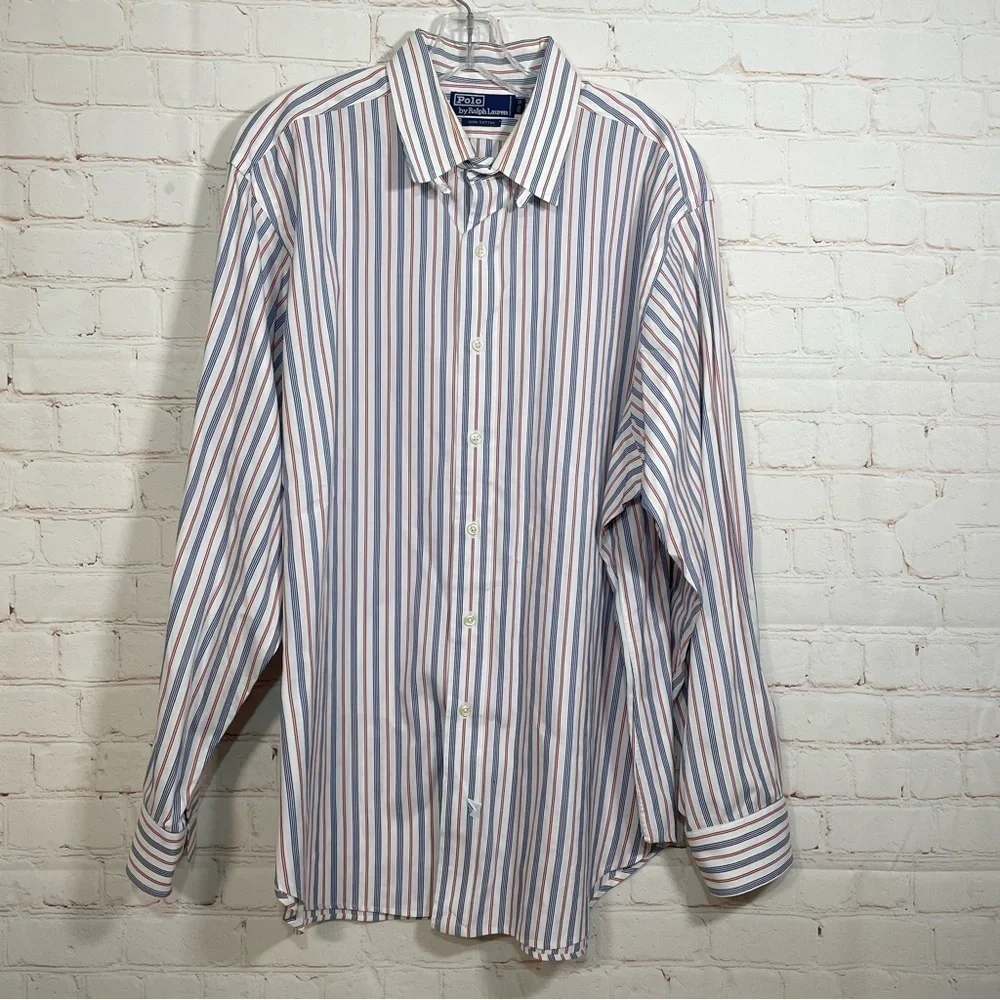 Vintage Polo Ralph Lauren Shirt Mens 17.5-36 Red Blue Striped 100% Cotton Button